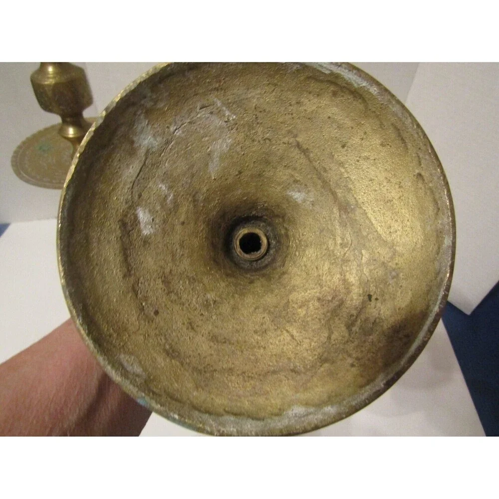 Moroccan Candle Holders Vintage 1950s Solid Brass Mid Century Set Pair Etched